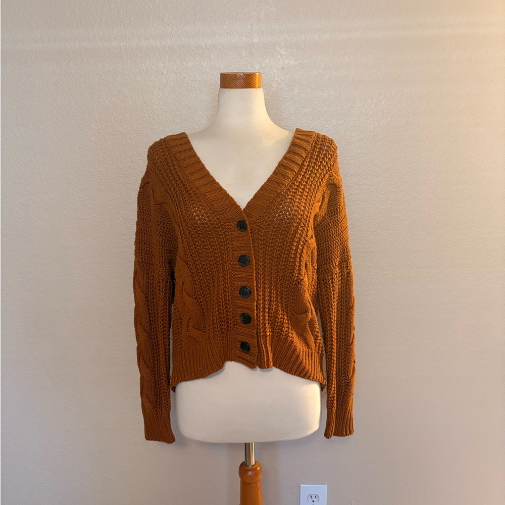 Warm Brown Cropped Knit Cardigan Sweater